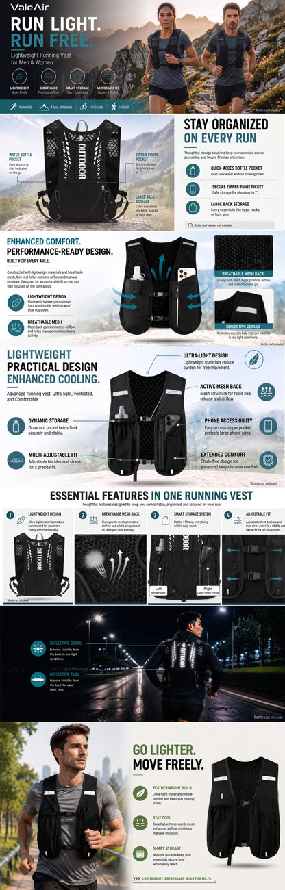 Lightweight Running Hydration Vest Reflective Trail Marathon Backpack with Bottle Pockets for Men Women Cycling Hiking
