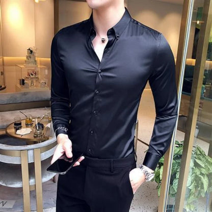 Plain Long Sleeve Shirts and Blouses for Men Business Silk Summer Button Man Tops Fashion 2025 Social High Quality Clothing S I