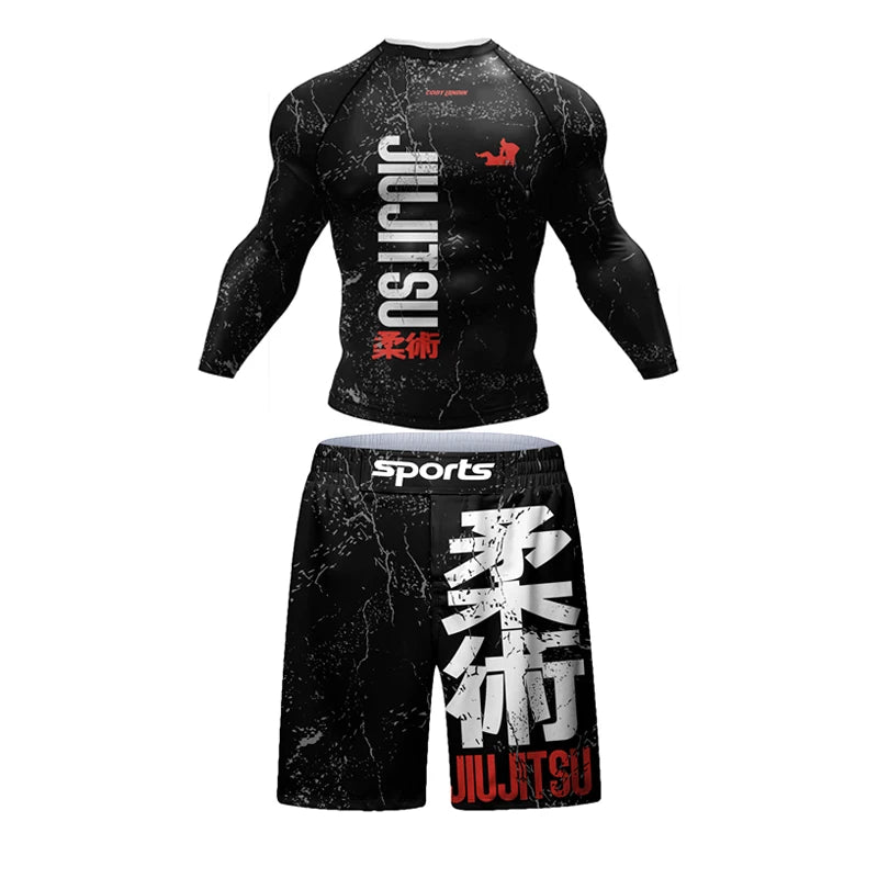 New Kimono Jiu Jitsu Rashguard for Men MMA T-Shirt+Pant 4Pcs/Set Muay Thai Shorts BJJ Rash Guard Gym Boxing Jerseys Sportswear