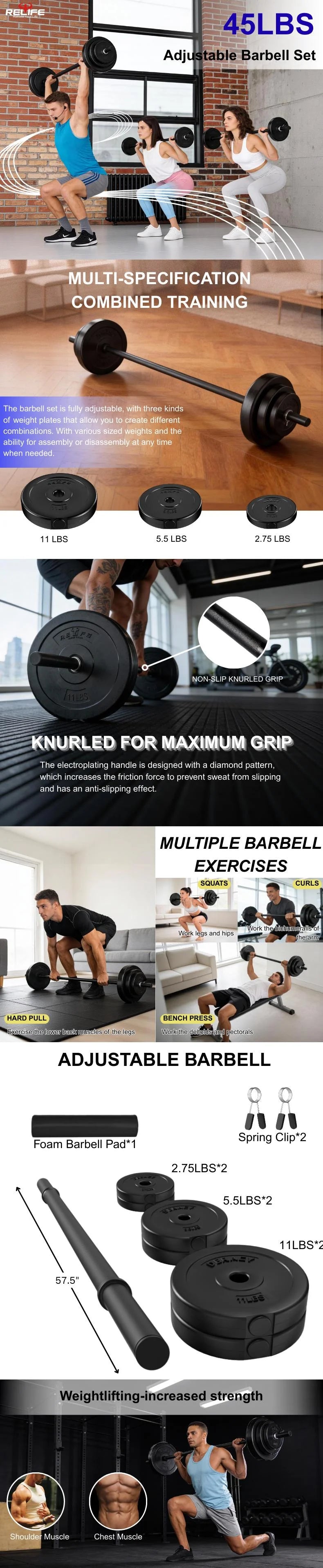 RELIFE Adjustable Barbell Set Total Weight Set for Lifting, 45 LB Weight Bar Set with Adjustable Free Weights for Workout