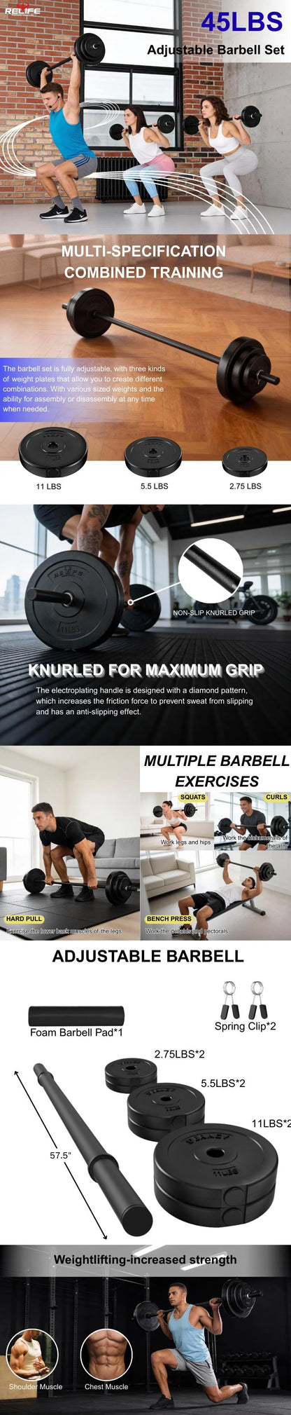 RELIFE Adjustable Barbell Set Total Weight Set for Lifting, 45 LB Weight Bar Set with Adjustable Free Weights for Workout