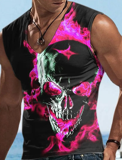 Hellfire Skull Cold Hd 3D Printed Men's and Women's T-Shirts Four Seasons Sports Sleeveless V-Neck Vest Oversized Men's Tops