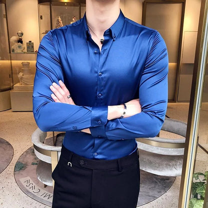 Plain Long Sleeve Shirts and Blouses for Men Business Silk Summer Button Man Tops Fashion 2025 Social High Quality Clothing S I
