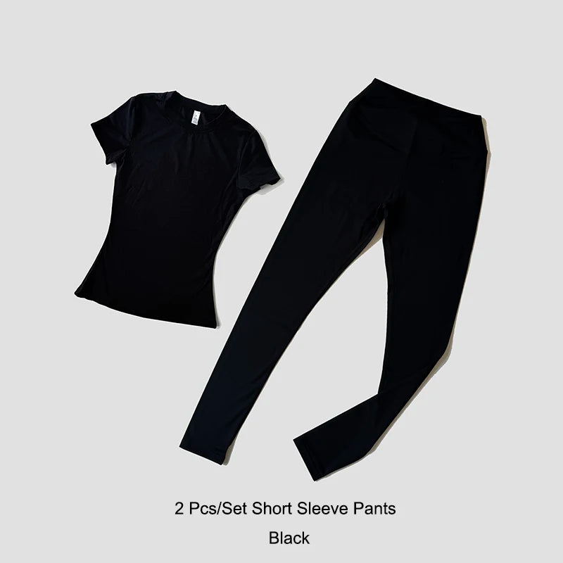 Yoga Set Women Sportswear Workout Clothes Athletic Wear Gym Legging Fitness Crop Top Short Sleeves Sports Suit