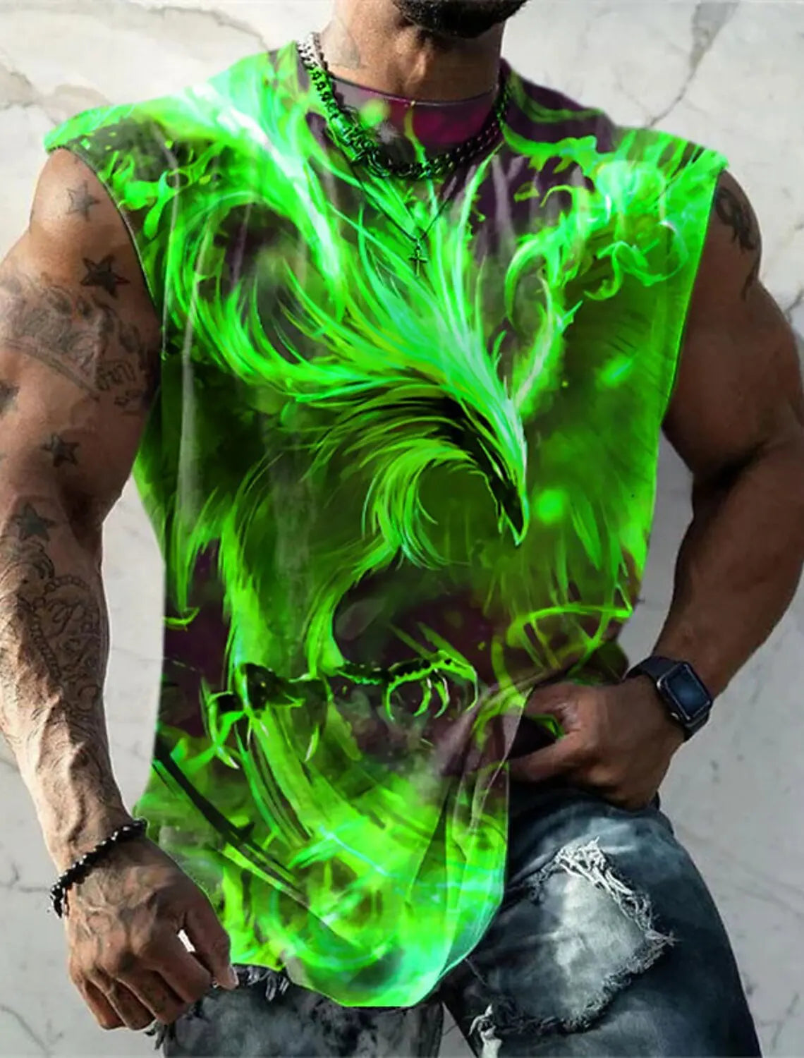 Men's Fitness Clothing 3D Phoenix Printed Sleeveless Shirt Running Sports Undershirt Mens Quick-Drying Bodybuilding Bottom Shirt