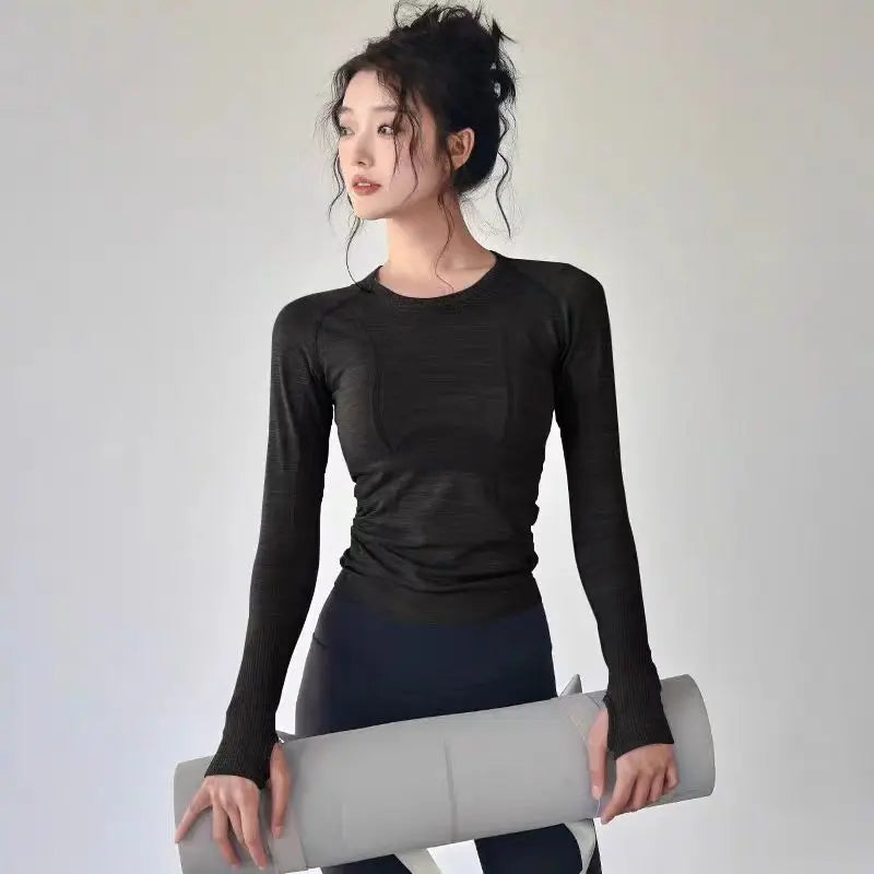 Yoga Clothes for Women, Sports Tops, Round Neck, Seamless, Slim, Running Shirt Fitness Workout Long Sleeves Gym T Shirt, Winter