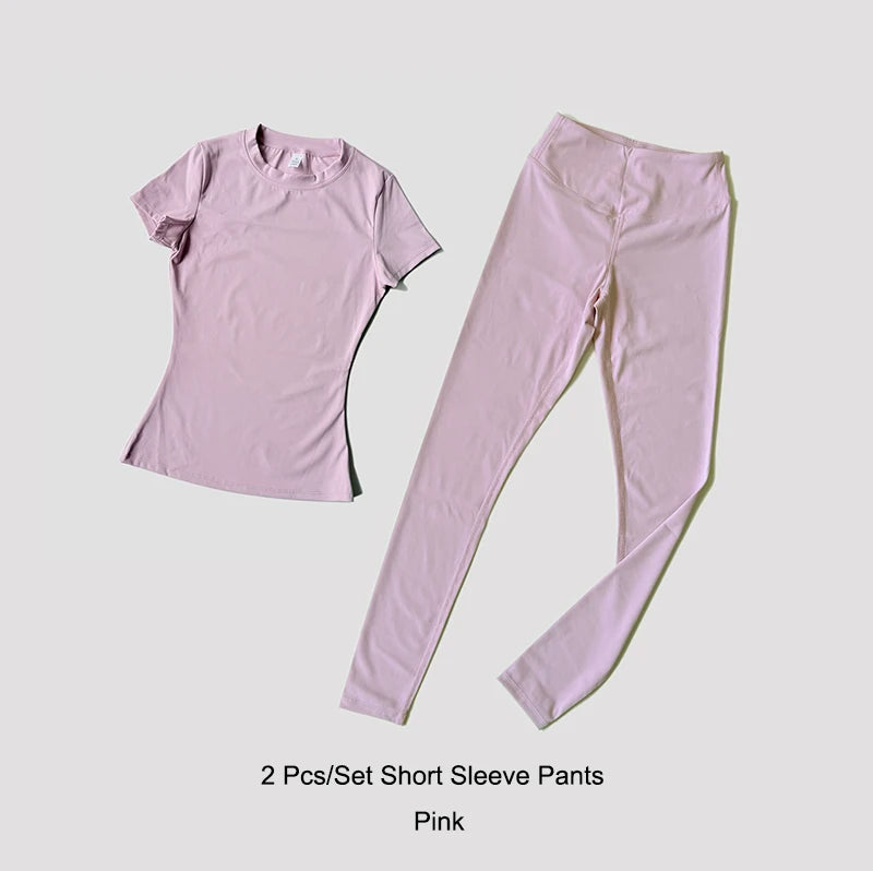 Yoga Set Women Sportswear Workout Clothes Athletic Wear Gym Legging Fitness Crop Top Short Sleeves Sports Suit