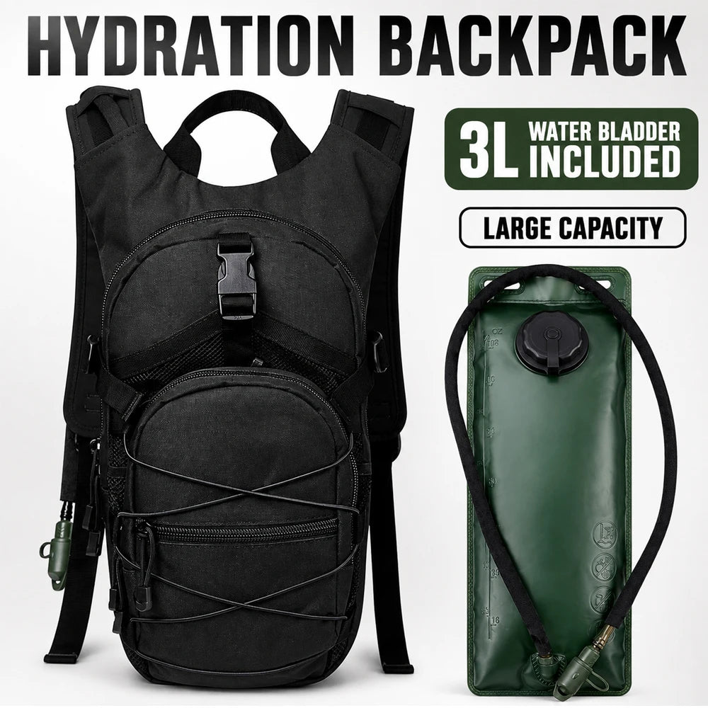 Tactical Hydration Backpack with 3L Water Bladder, Large Capacity Outdoor Hiking Pack for Camping, Cycling and Running