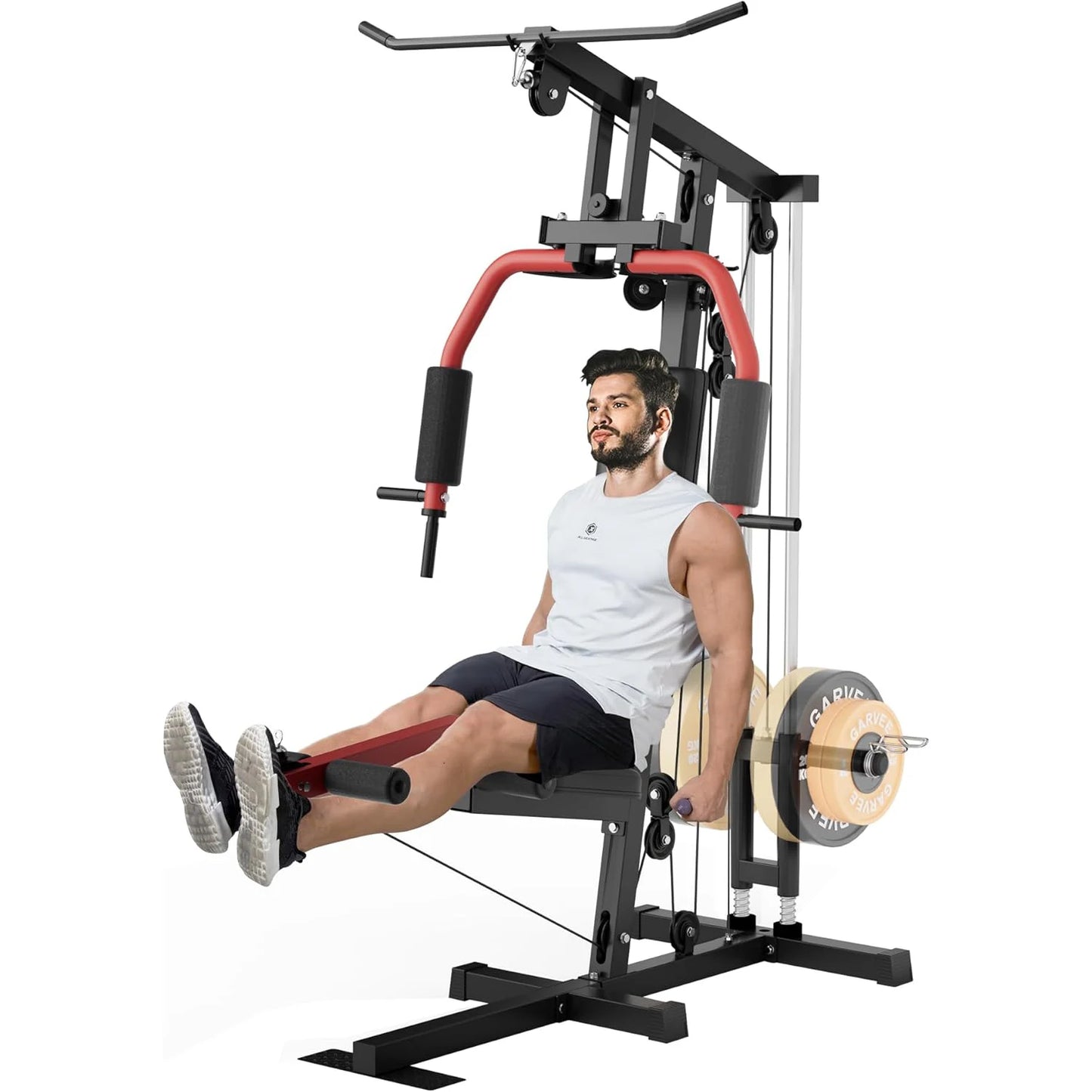 5-in-1 Home Gym Equipment, Full Body Workout Machine | LAT Pulldown Chest Press Leg Extension Seated Row, 300LBS Capacity Home Gym System for Strength Training, Fits 1" & 2" Weigh