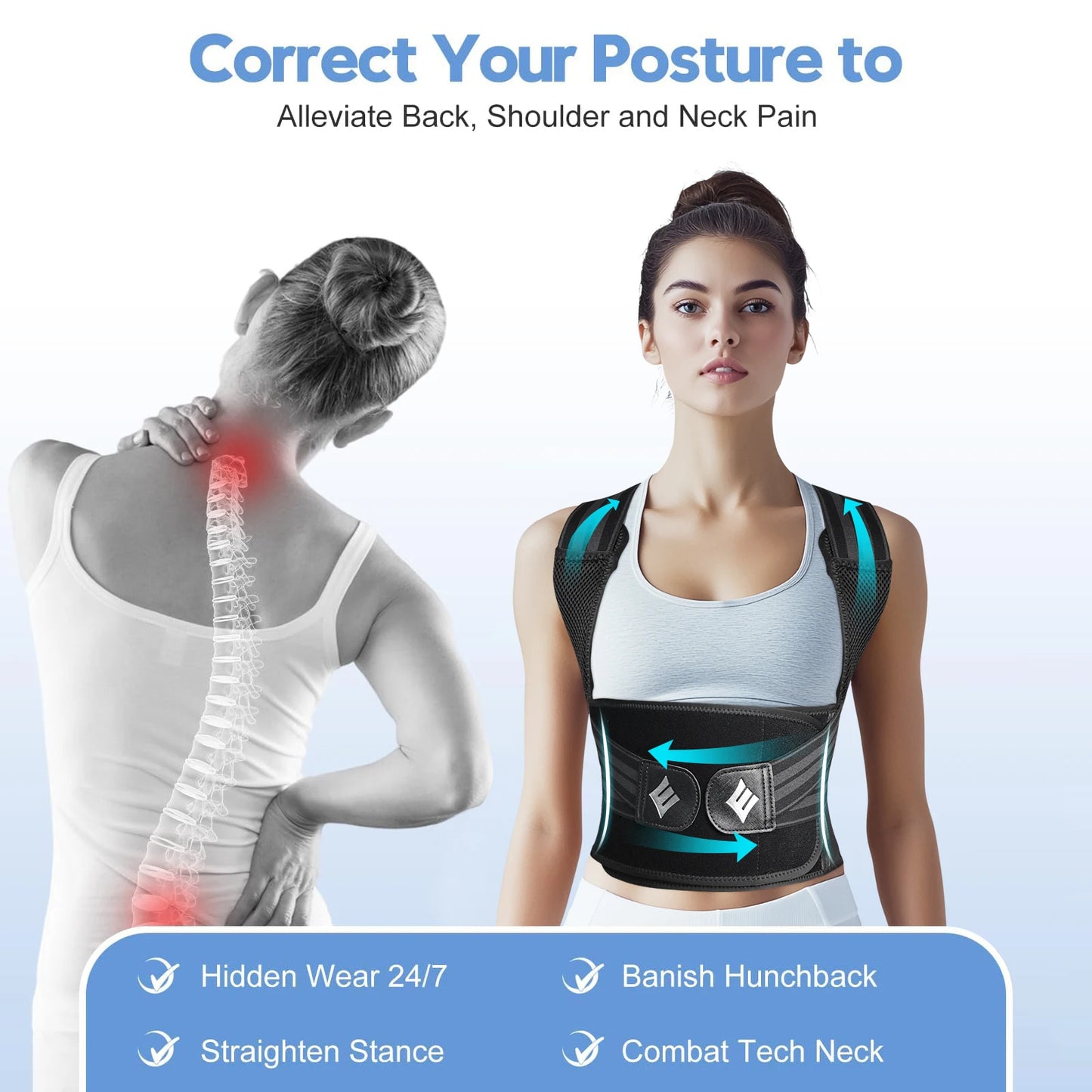 Posture Corrector Back Brace Adjustable Back Support for Women and Men Shoulder Straightener Neck Upper Lower Back Pain Relief