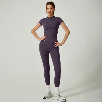 Yoga Set Women Sportswear Workout Clothes Athletic Wear Gym Legging Fitness Crop Top Short Sleeves Sports Suit