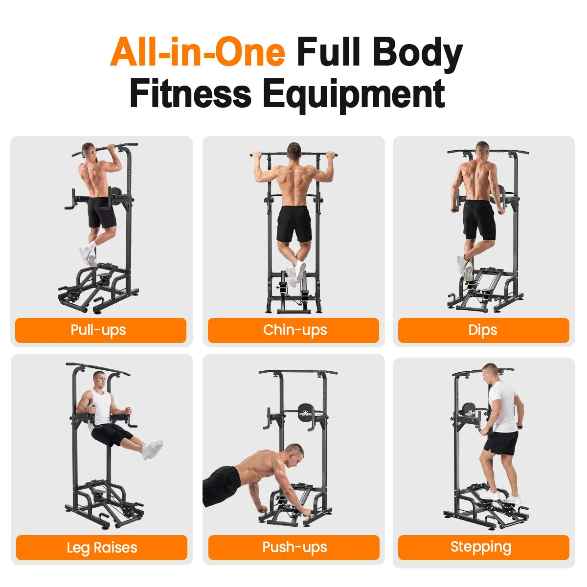 RELIFE Multifunctional Power Tower Pull Up Dip Station Free Standing Pull Up Bar with Stepper Machine, Adjustable Height Workout Rack 450LBS Load Home Gym Full Body Strength Training Fitness Equipment for Pull Ups Chin Ups Di