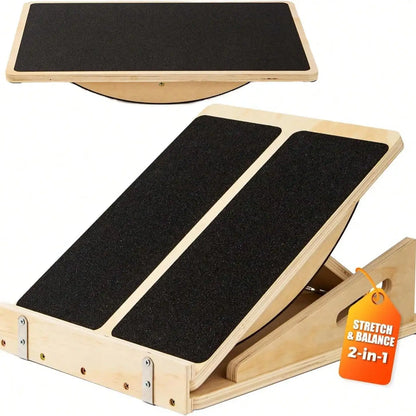 2 in 1 Wooden Balance Board & Calf Stretcher Slant Board, Adjustable Incline Ankle Stretch Board, Anti-Slip Wobble Board , Foot Heel Stretch, Leg Strength Training