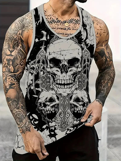 3D Skull Print Round Neck Summer Adult Men's Vest Clothing Basketball Sleeveless Outdoor Sports Gym Breathable Sleeveless Vest