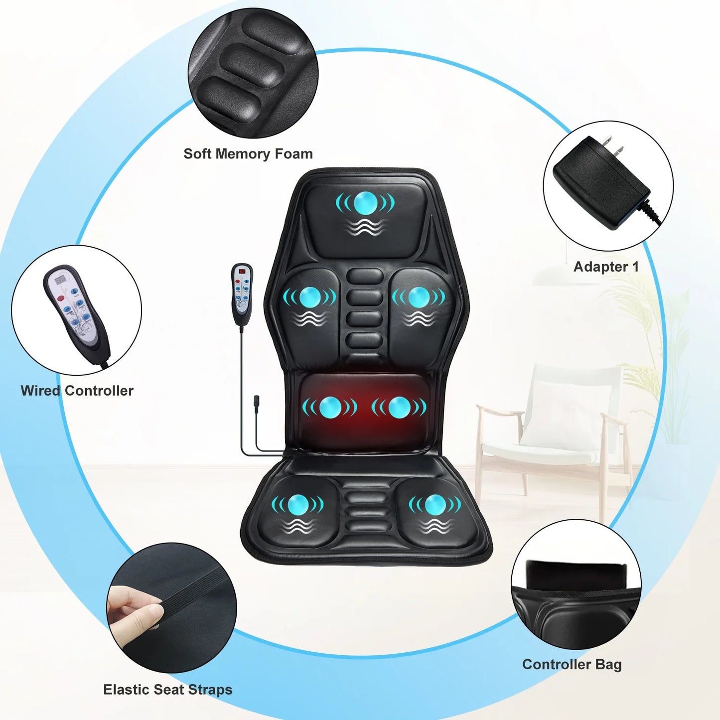 Massage Chair Pad with Heat, Back Massager Seat Cushion with 9 Modes for Pain Relief, Massage Pad for Office Home Car Relaxtion