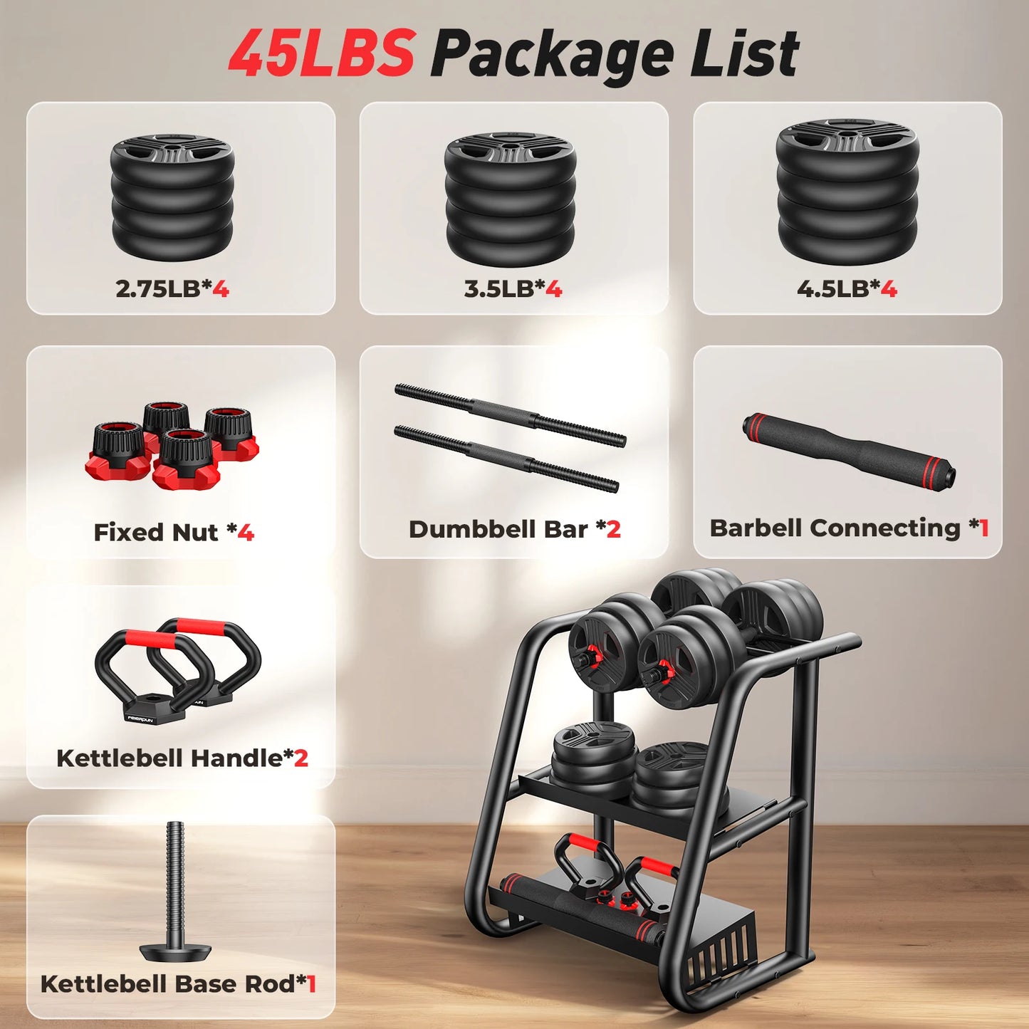 FITPLAM Adjustable 5 in 1 Free Weights Set, 20/35/45/70/90LB Dumbbell Set, Convertible to Barbell Kettlebell Push Up Stand