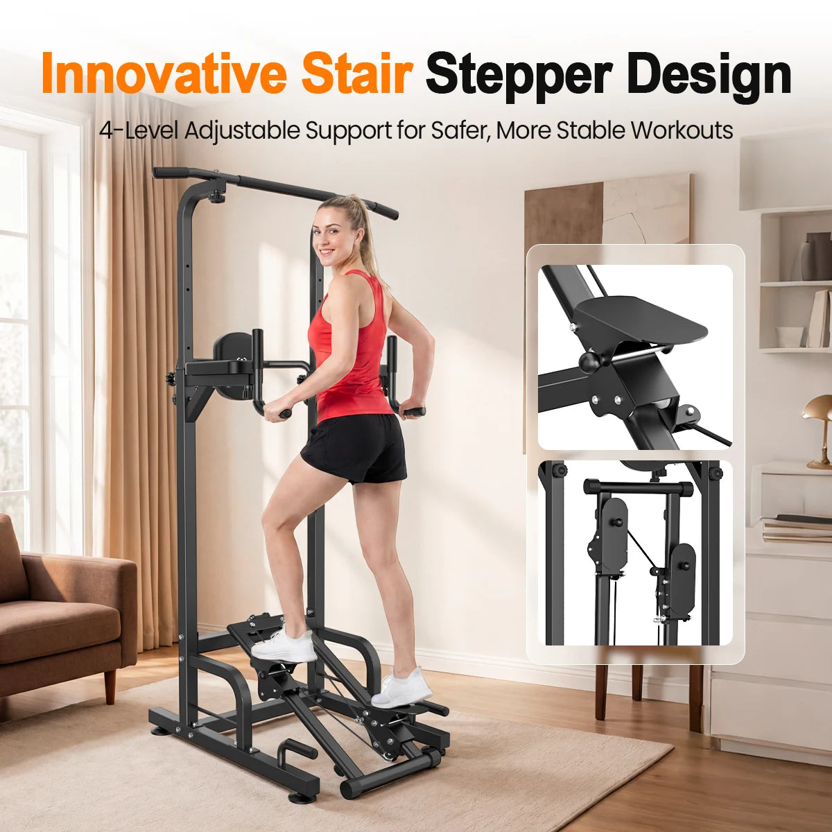 RELIFE Multifunctional Power Tower Pull Up Dip Station Free Standing Pull Up Bar with Stepper Machine, Adjustable Height Workout Rack 450LBS Load Home Gym Full Body Strength Training Fitness Equipment for Pull Ups Chin Ups Di
