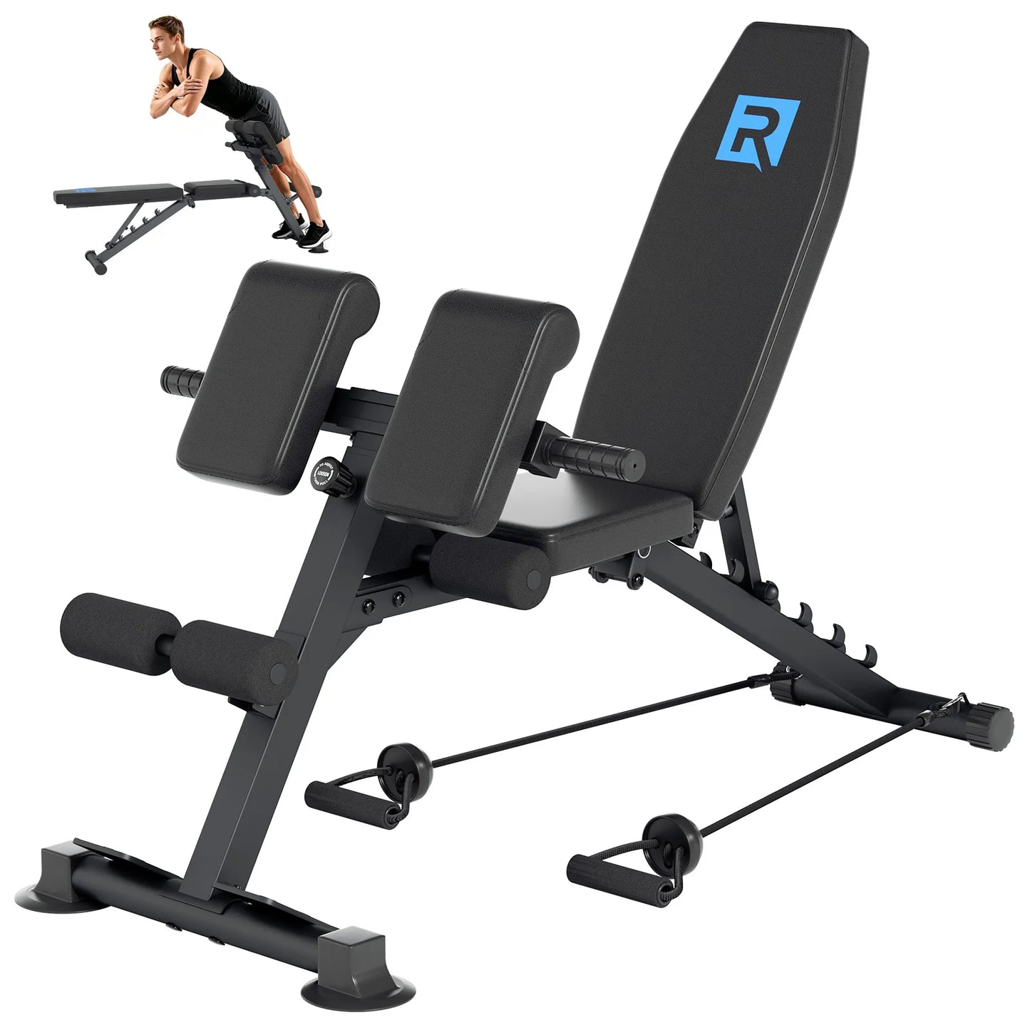 Adjustable Roman Chair Hyperextension Bench, 5mm Thick Steel Frame 660LBS Static Load 330LBS User Weight Capacity with 2 Resistance Bands Multi-Position Adjustment Suction Cup Anti-Slip Base for Home Gym Full Body Strength Tr