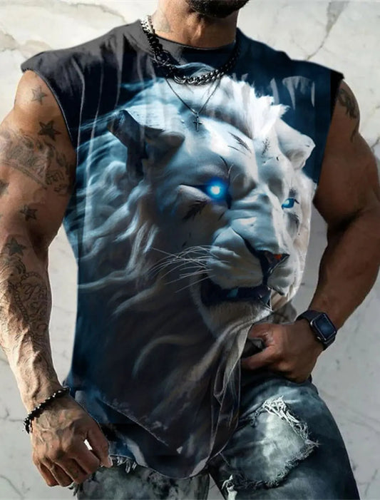 Mens Tank Top Mens Sleeveless T Shirt Patterned Animal Crew Neck Daily Sports Fashion Sleeveless White Lion Print Muscle