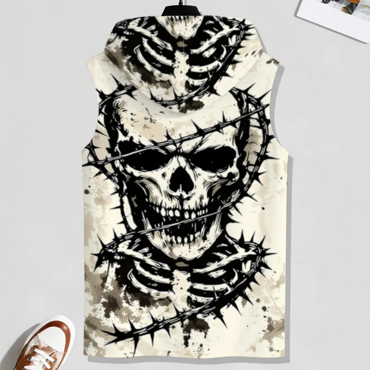 Men's Sleeveless Hooded Sports Tank Top, Trendy Skull Print, Breathable Fitness Apparel, Casual Daily Training Shirt
