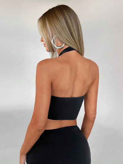 Women's clothing, spring, summer and autumn new versatile women's vest halter neck, front center iron buckle
