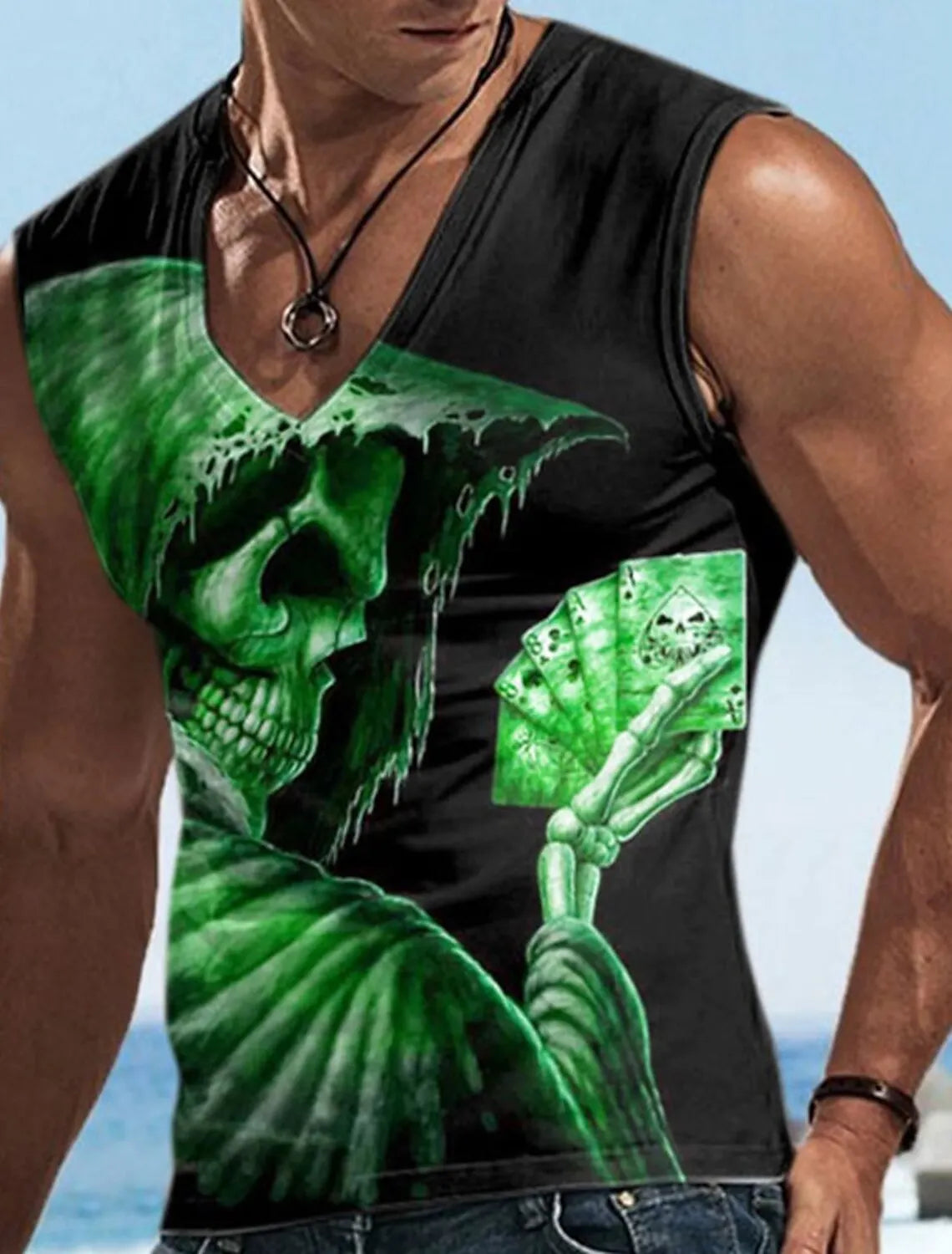 Hellfire Skull Cold Hd 3D Printed Men's and Women's T-Shirts Four Seasons Sports Sleeveless V-Neck Vest Oversized Men's Tops