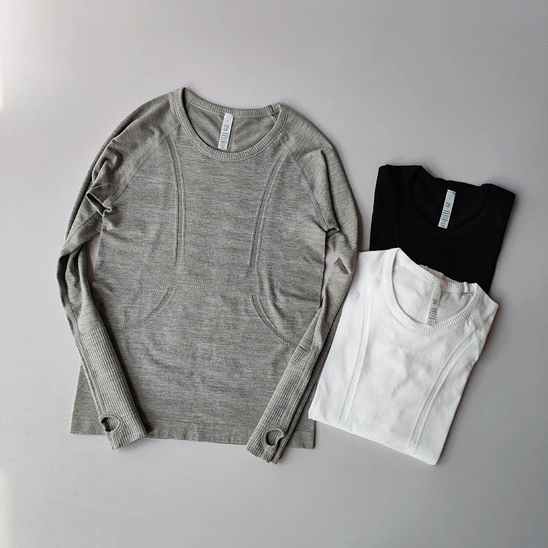 Yoga Clothes for Women, Sports Tops, Round Neck, Seamless, Slim, Running Shirt Fitness Workout Long Sleeves Gym T Shirt, Winter