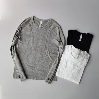 Yoga Clothes for Women, Sports Tops, Round Neck, Seamless, Slim, Running Shirt Fitness Workout Long Sleeves Gym T Shirt, Winter
