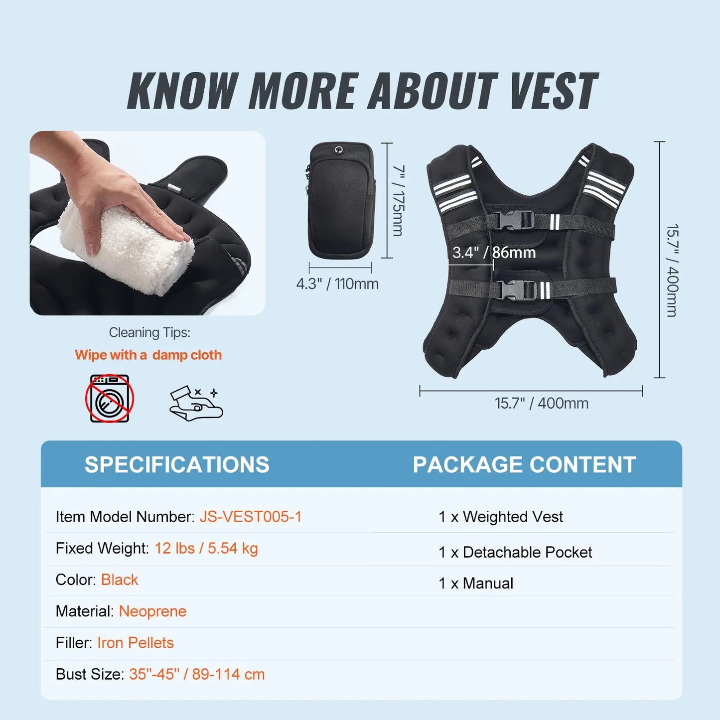 Weighted Vest, 12 lbs Weight Vest with Reflective Stripe, Adjustable Buckle Body Weight Vest for Men Women, Workout Equipment for Strength Training, Running, Jogging, Fitness, and Weight Loss, Black
