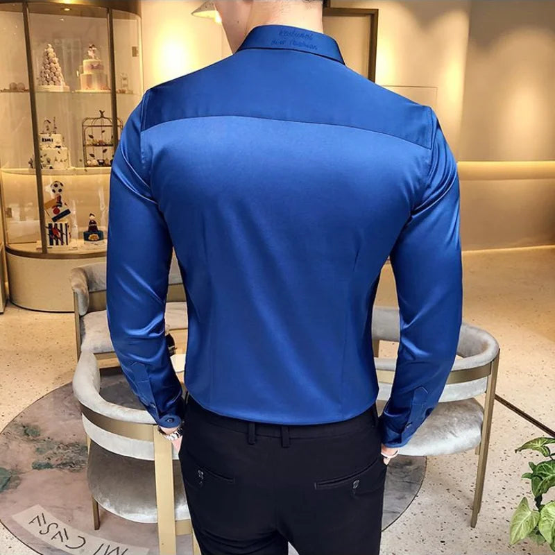 Plain Long Sleeve Shirts and Blouses for Men Business Silk Summer Button Man Tops Fashion 2025 Social High Quality Clothing S I