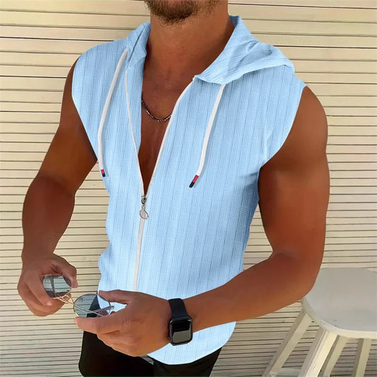 5 colors available for men's hooded sleeveless zipper plaid men's sportswear Slim fit breathable men's casual breathable shirt
